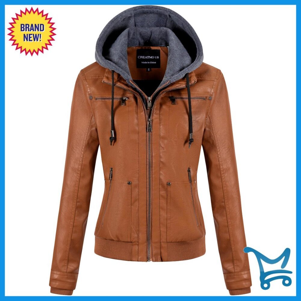 Faux Leather Bomber Jacket with Removable Hood, Waterproof Motorcycle Style